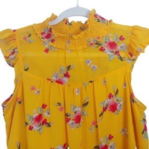 Mock neck yellow floral top blouse Juniors Large